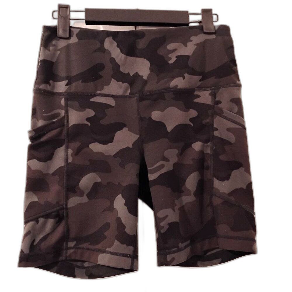 Yogalicious High Waist Running Biker Shorts with Pockets 7" Small Green Camo